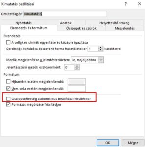 Pivot beállítások