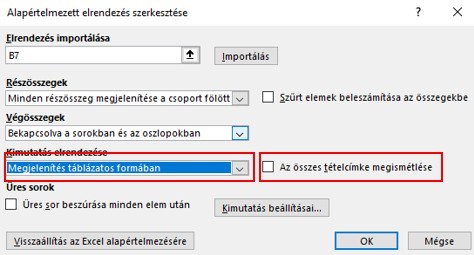 Kimutatás elrendezés alapbeállítás