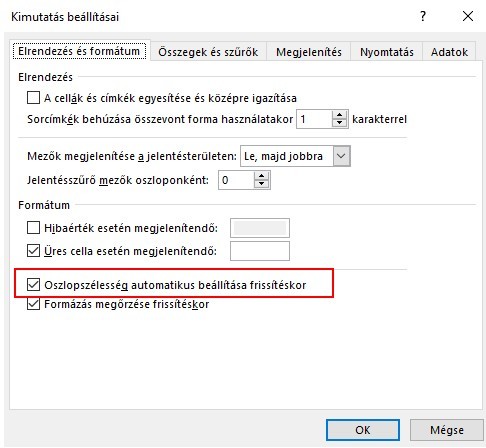 Kimutatás oszlopszélesség