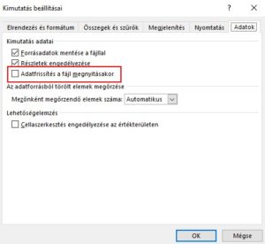 Kimutatás adatfrissítés megnyitáskor