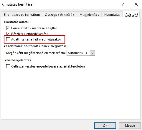 Kimutatás adatfrissítés megnyitáskor