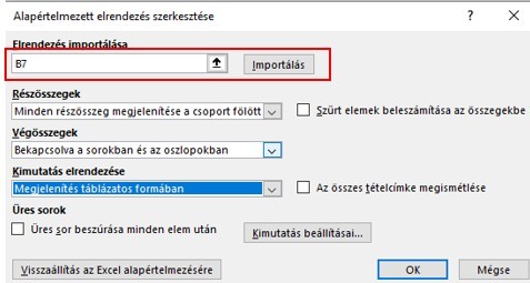 Kimutatás beállításainak importálása