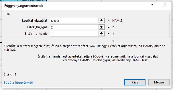 Excel HA függvény argumentumok