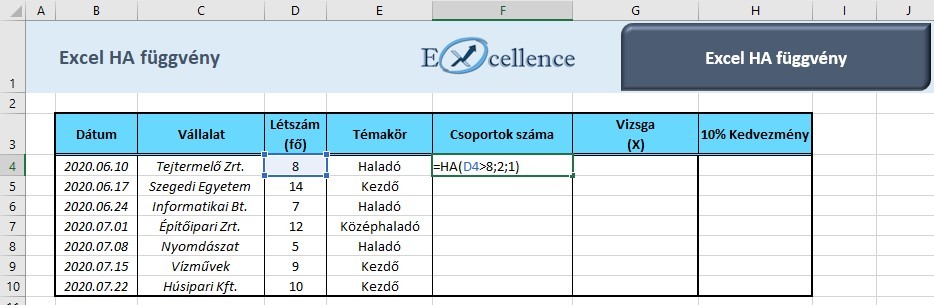 Excel HA függvény példa
