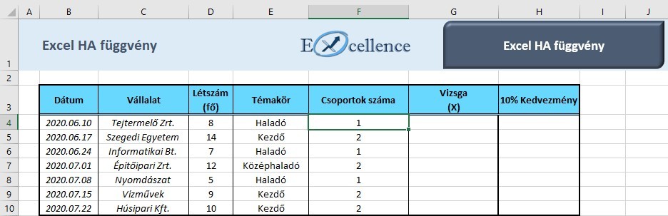 Excel ha függvény eredmény