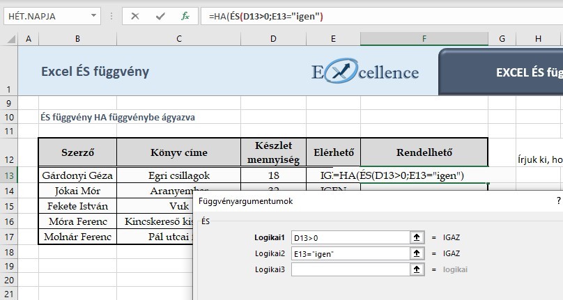 Excel ÉS függvény példa