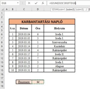 Excel szum függvény példa