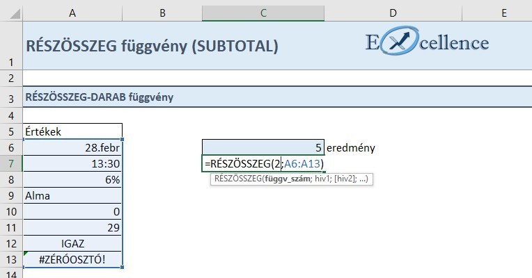 DARAB függvény használata a RÉSZÖSSZEG függvényben